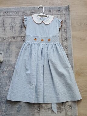 Southern Smocked Company Girls Fall Embroidered Blue Pumpkin Dress Sz7